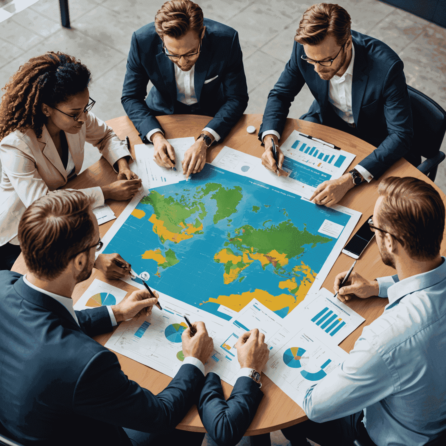 A group of oil and gas industry professionals gathered around a table with charts, maps, and digital displays, discussing long-term strategies for sustainability and market positioning in the evolving energy landscape