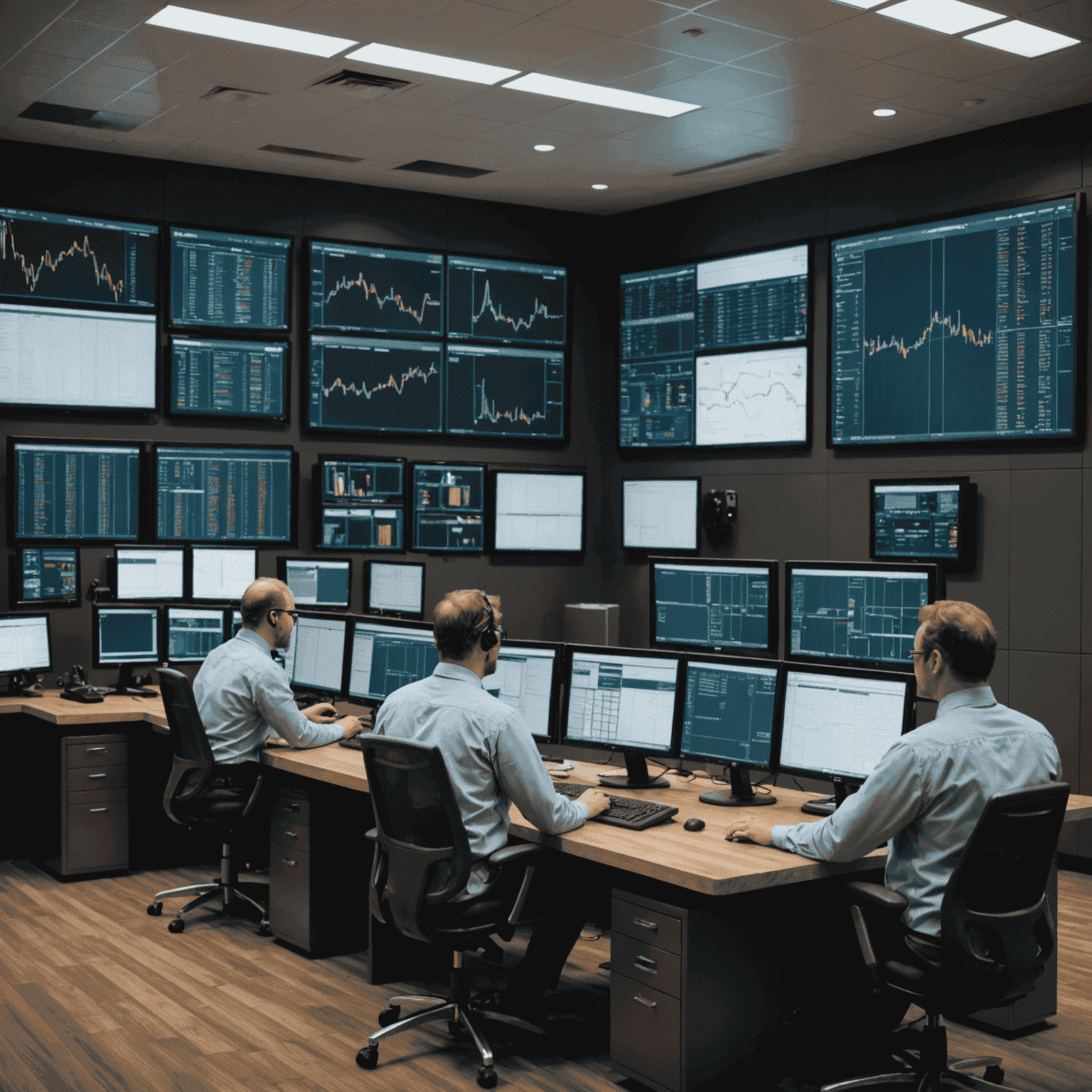 A team of consultants analyzing operational data on large screens in an oil and gas control room. The room has a modern industrial feel with wood and metal finishes.