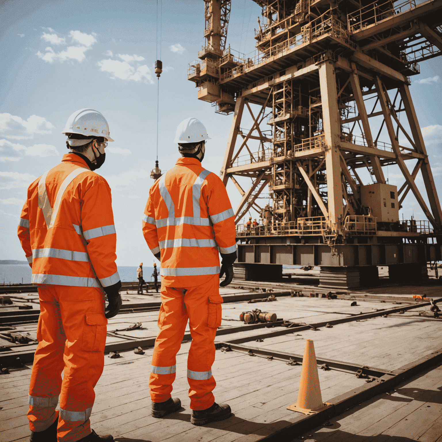 Oil rig with safety equipment and workers in protective gear performing risk assessment