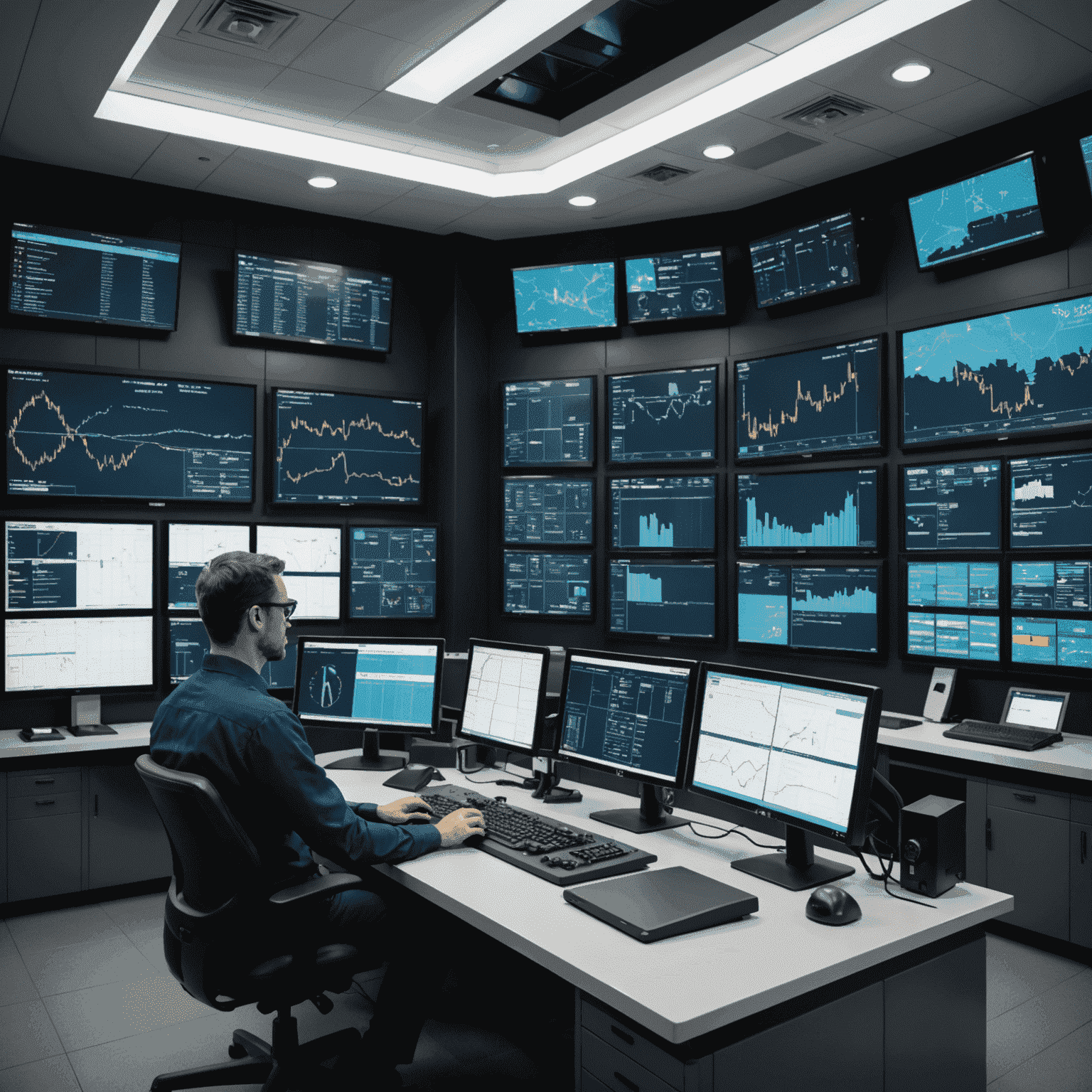 A modern control room with screens displaying real-time data analytics for oil and gas operations, showcasing improved productivity