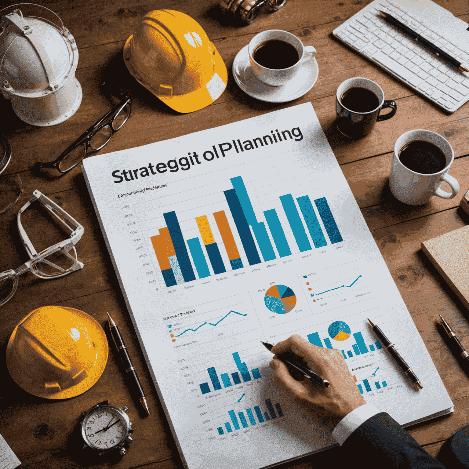 A visual representation of the benefits of strategic planning in the oil and gas industry, showing graphs of improved performance, sustainability metrics, and market positioning