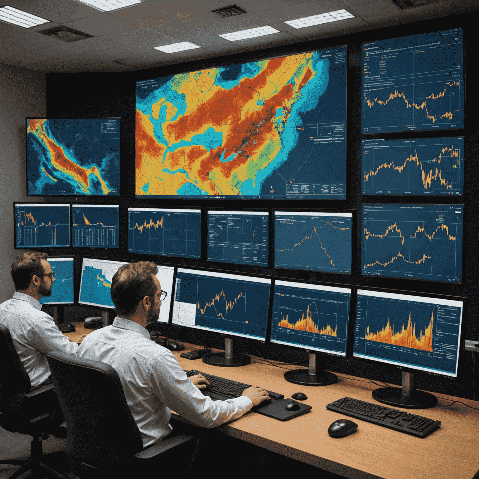 3D seismic imaging technology being used to map potential oil and gas reserves, with geologists analyzing data on large screens