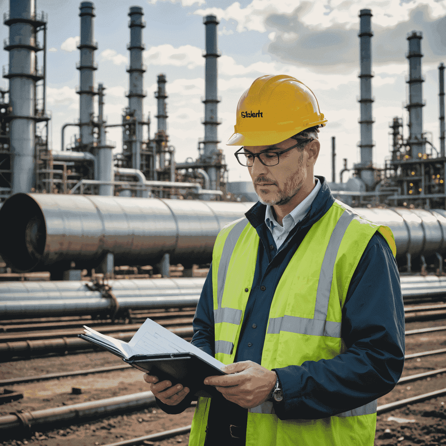 Consultant reviewing environmental impact reports and compliance documents with oil refinery in background