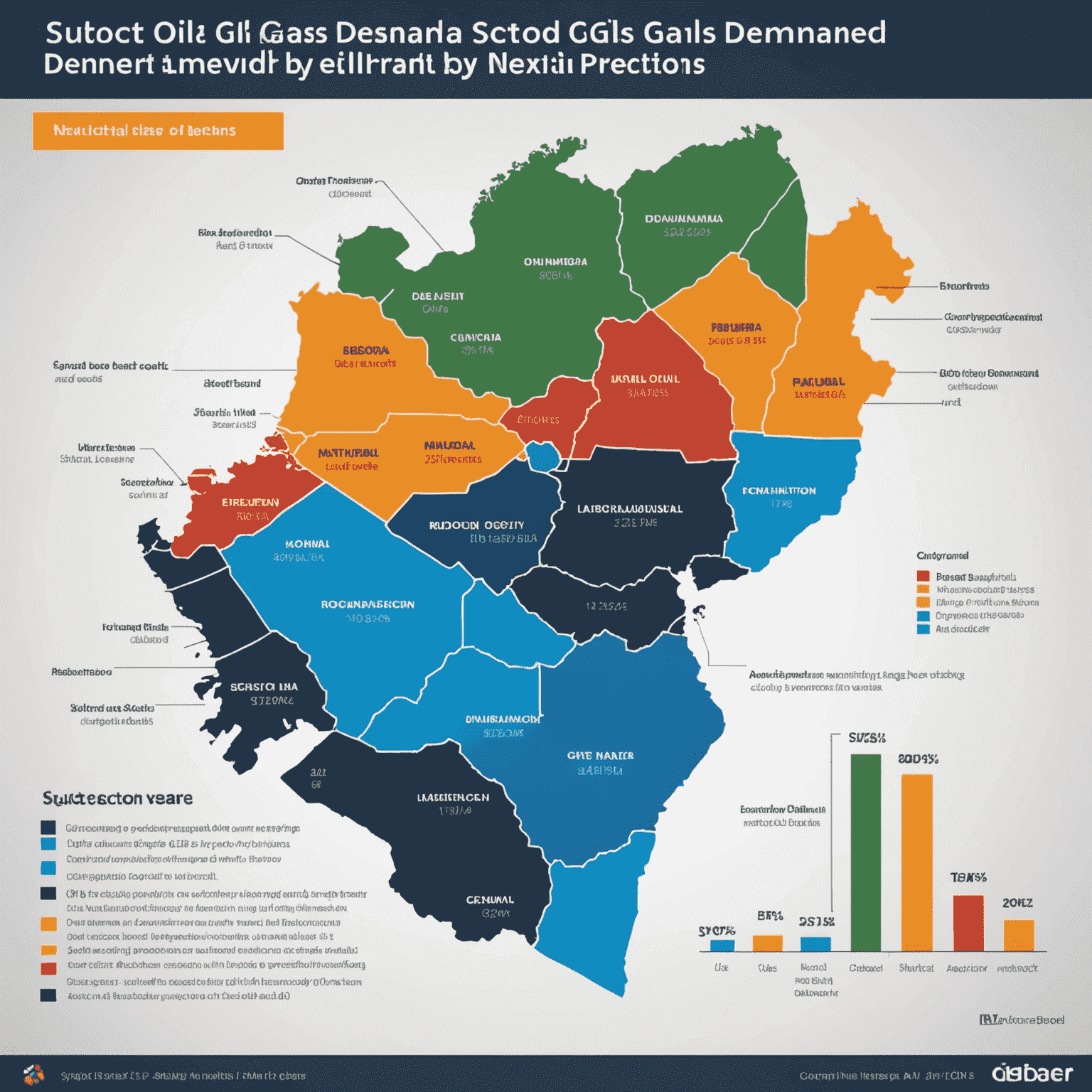 A chart showing projected oil and gas demand over the next 5 years, broken down by region and sector