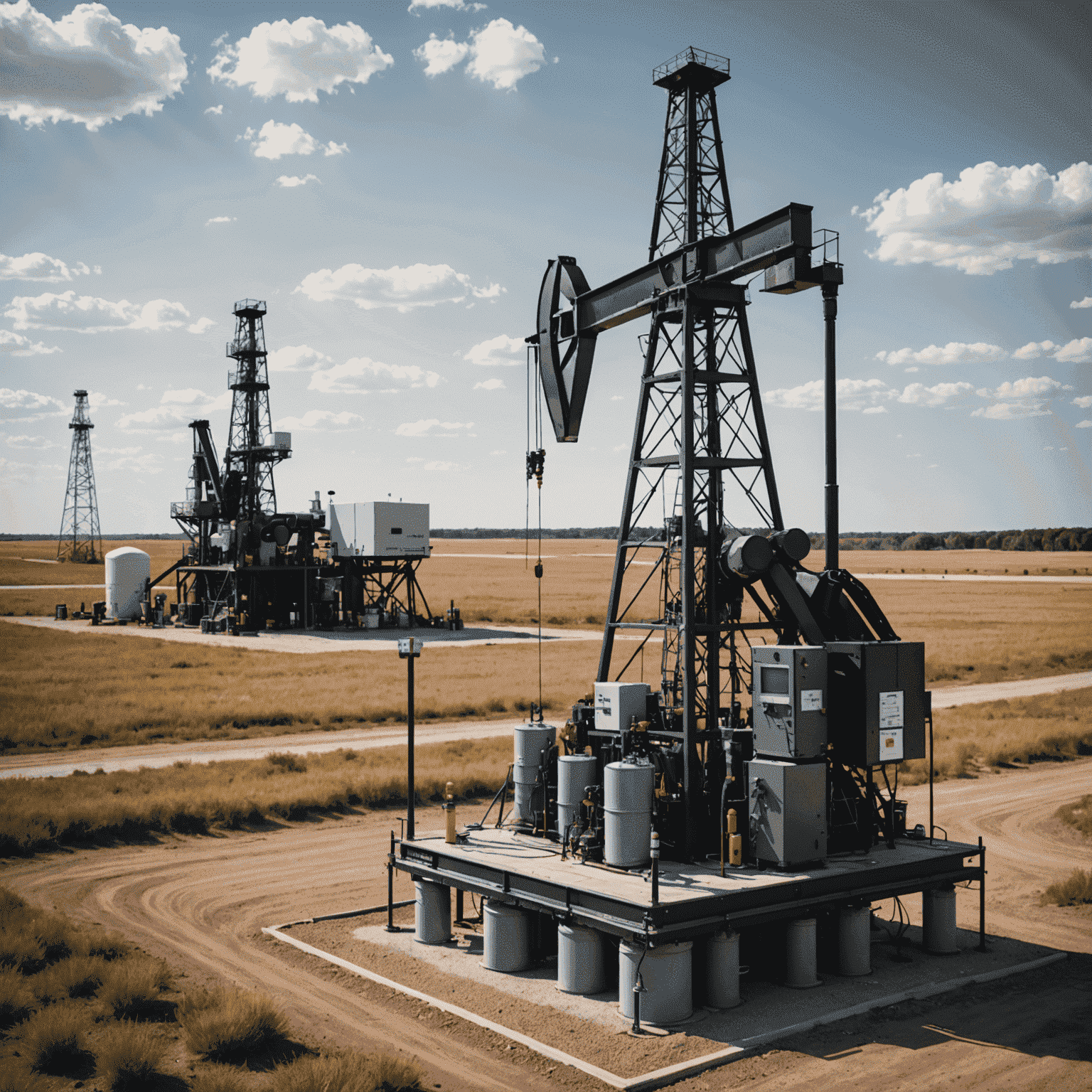 Smart oil well with IoT sensors and automated systems, showcasing real-time production data on a nearby control panel