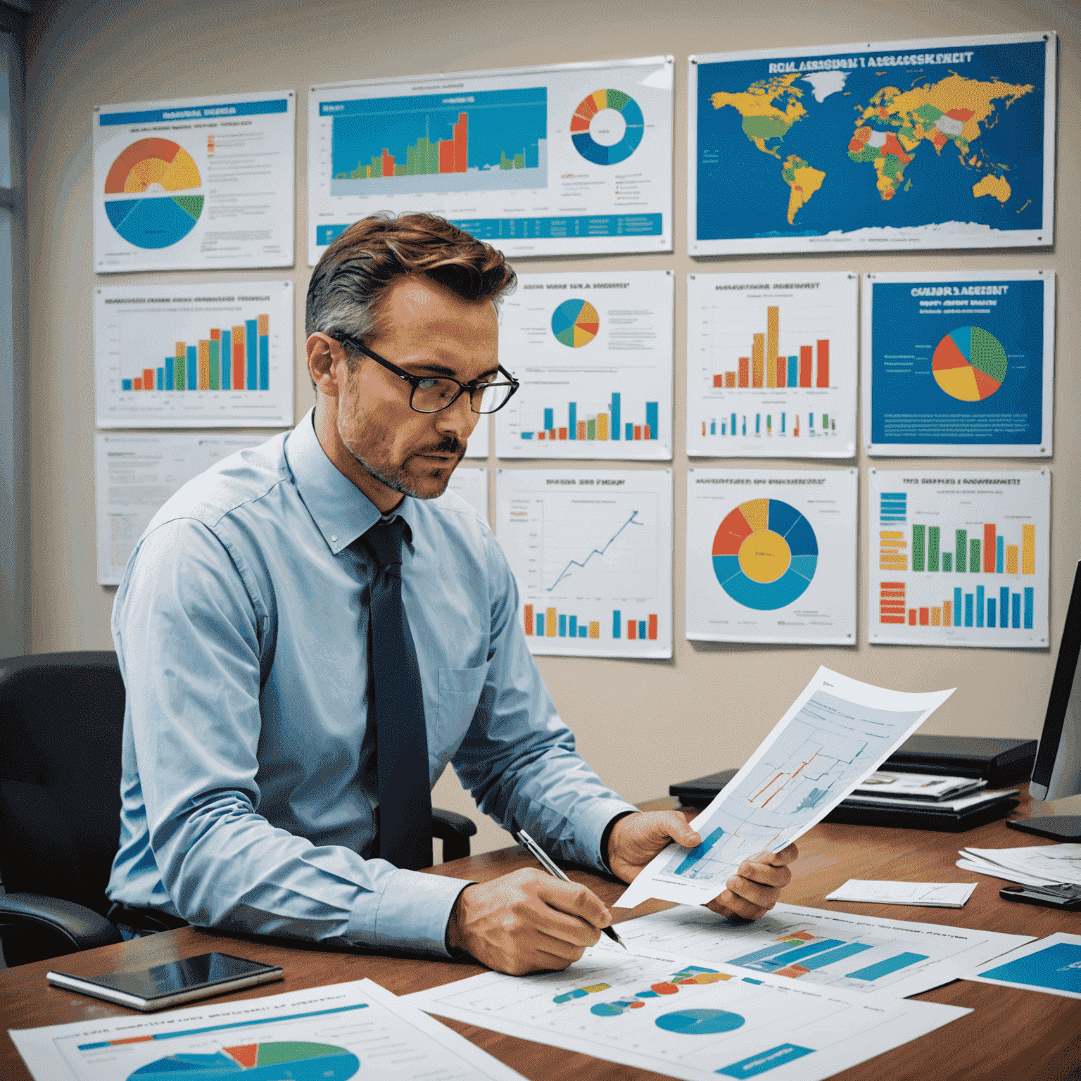 A professional analyzing risk assessment charts and environmental impact reports in an office with oil industry safety posters