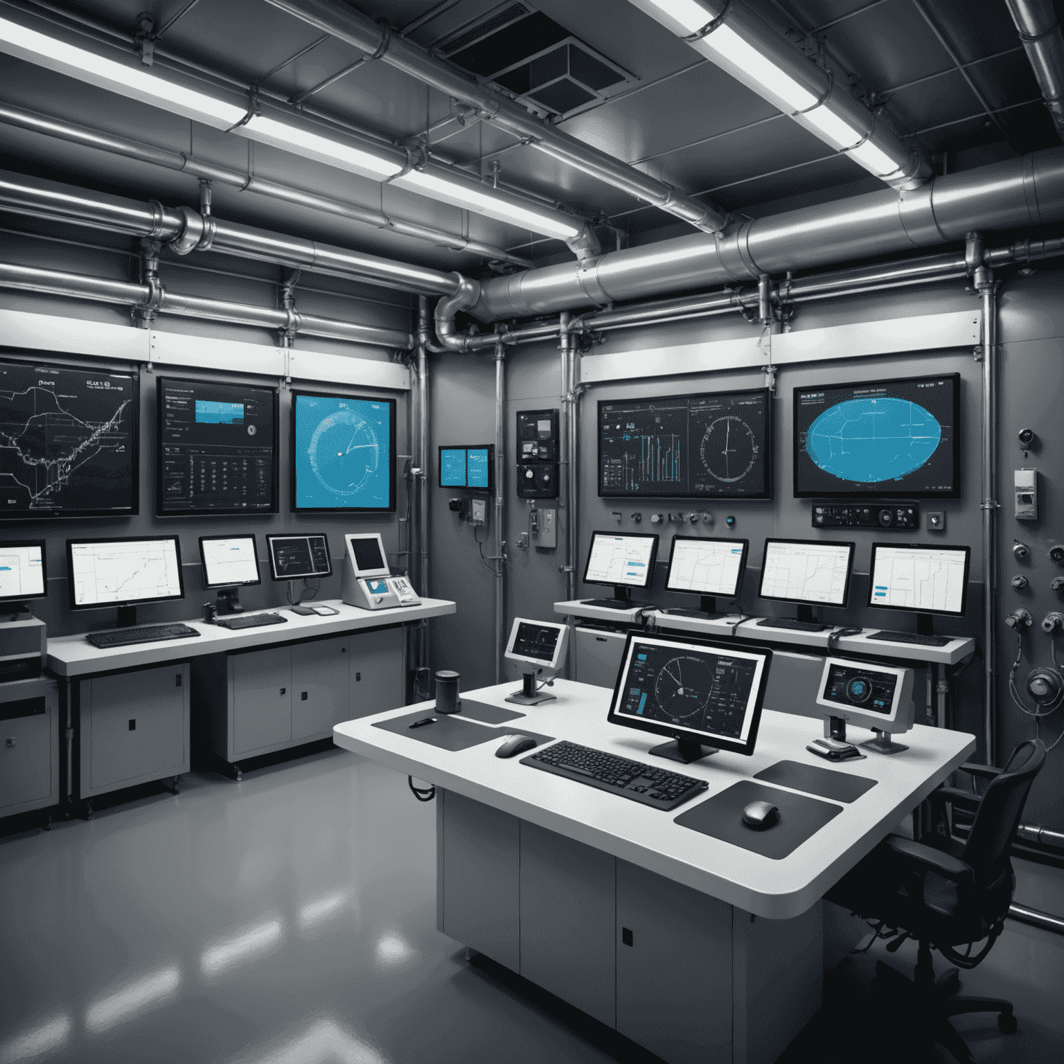 Modern pipeline system with integrated smart monitoring devices and a control room displaying real-time flow data and safety metrics