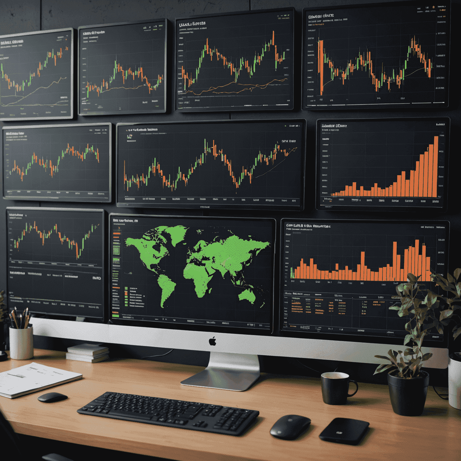 A desk with multiple screens showing global oil price charts, demand forecasts, and competitive analysis reports