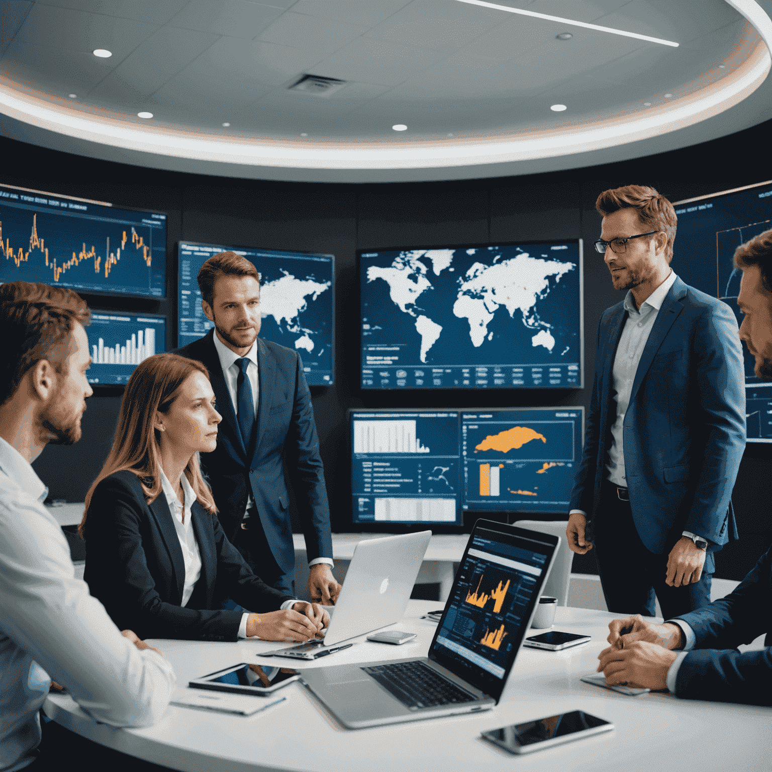 Team of oil and gas consultants discussing technology integration strategies with clients in a modern meeting room, surrounded by digital displays showing industry data and trends